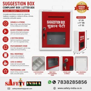 Red and White Mild Steel Suggestion Box with Lock and Polycarbonate Window, Wall Mounted Complaint and Letter Box for Office, School, Hospital and Public Places.