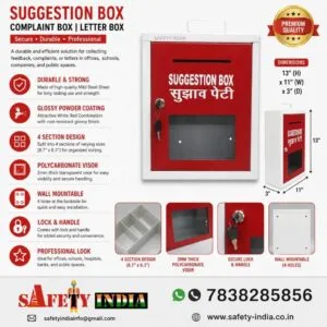 Red and White Mild Steel Suggestion Box with Lock and Polycarbonate Window, Wall Mounted Complaint and Letter Box for Office, School, Hospital and Public Places.