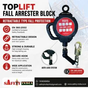 TOPLIFT self retracting lifeline SRL fall arrester block with retractable safety cable for industrial fall protection and work at height safety applications.