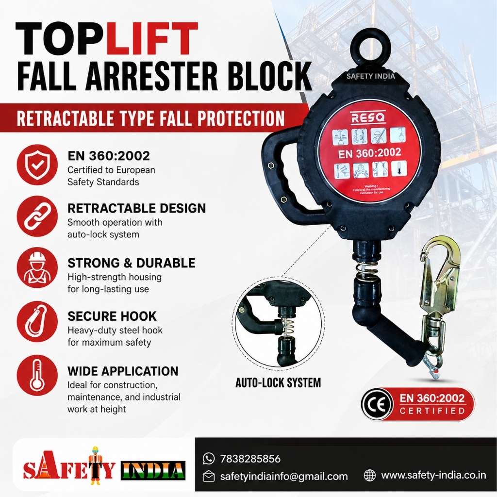 TOPLIFT self retracting lifeline SRL fall arrester block with retractable safety cable for industrial fall protection and work at height safety applications.