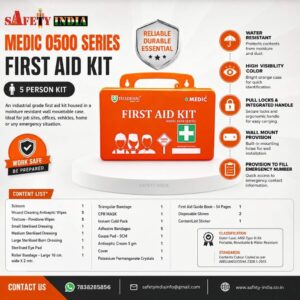 Thadhani Medic 0500 Series First Aid Kit for 5 Persons with water resistant orange wall mount emergency medical box and workplace safety supplies.