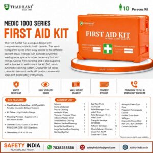 Thadhani Medic 1000 Series First Aid Kit for 10 Persons with wall mount bracket, water resistant orange medical emergency box for workplace and industrial safety.