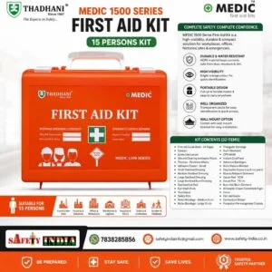 Thadhani Medic 1500 Series First Aid Kit Box for 15 Persons with industrial emergency medical supplies, wall mount design and portable HDPE safety case.