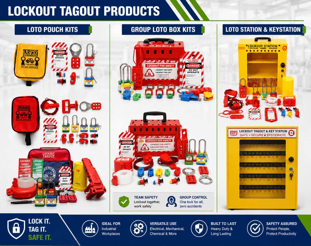 Industrial lockout tagout safety products banner featuring LOTO pouch kits, group lockout box kits, lockout station, key station, padlocks, safety tags, lockout devices, and electrical isolation safety equipment for industrial workplace safety.