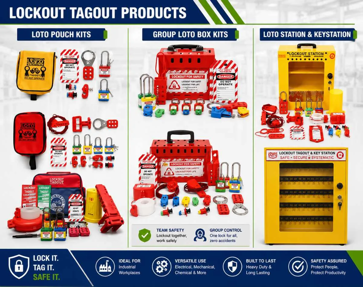 Industrial Safety Products by Safety India, Industrial lockout tagout safety products banner featuring LOTO pouch kits, group lockout box kits, lockout station, key station, padlocks, safety tags, lockout devices, and electrical isolation safety equipment for industrial workplace safety.