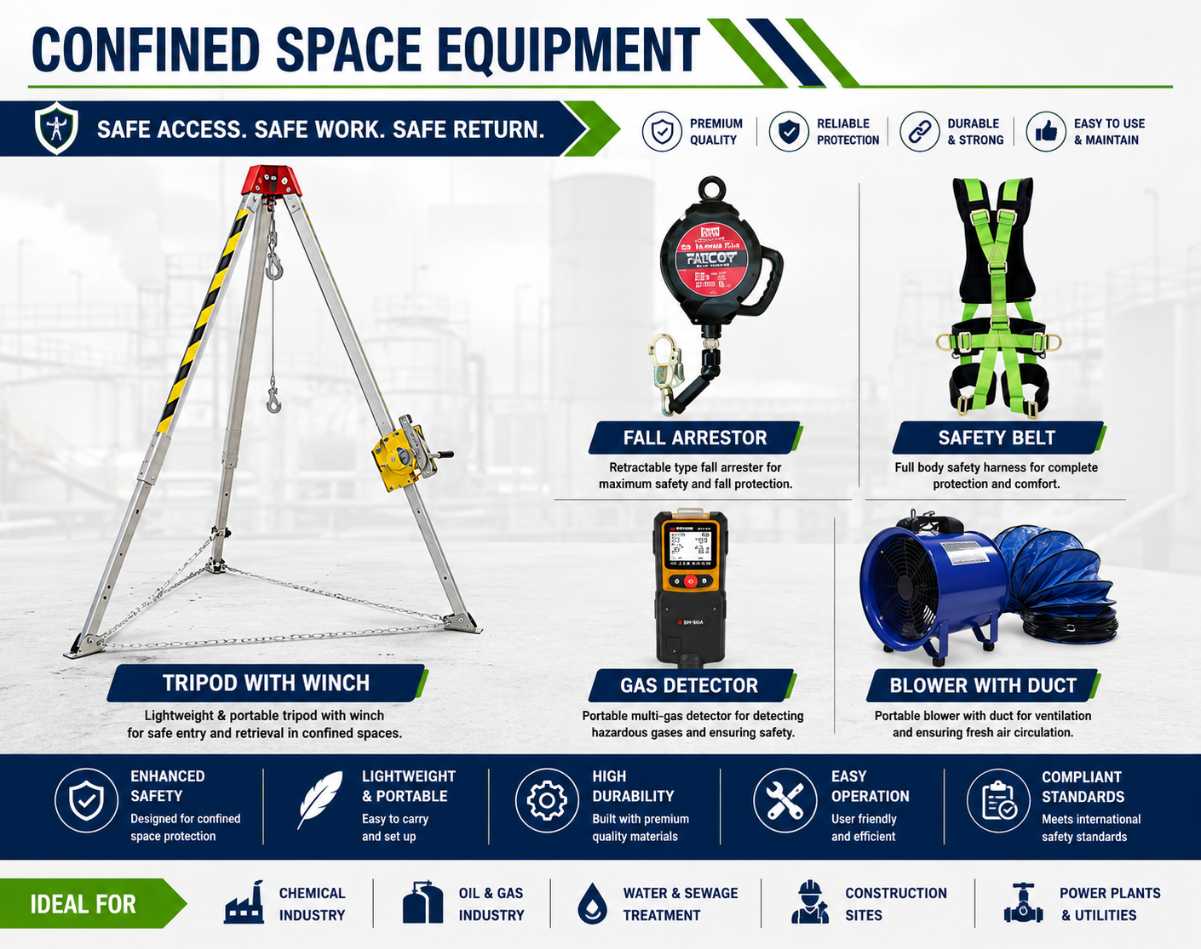 Industrial confined space safety equipment banner featuring tripod with winch, fall arrestor, safety harness belt, gas detector, and blower with duct for confined space entry and rescue operations.