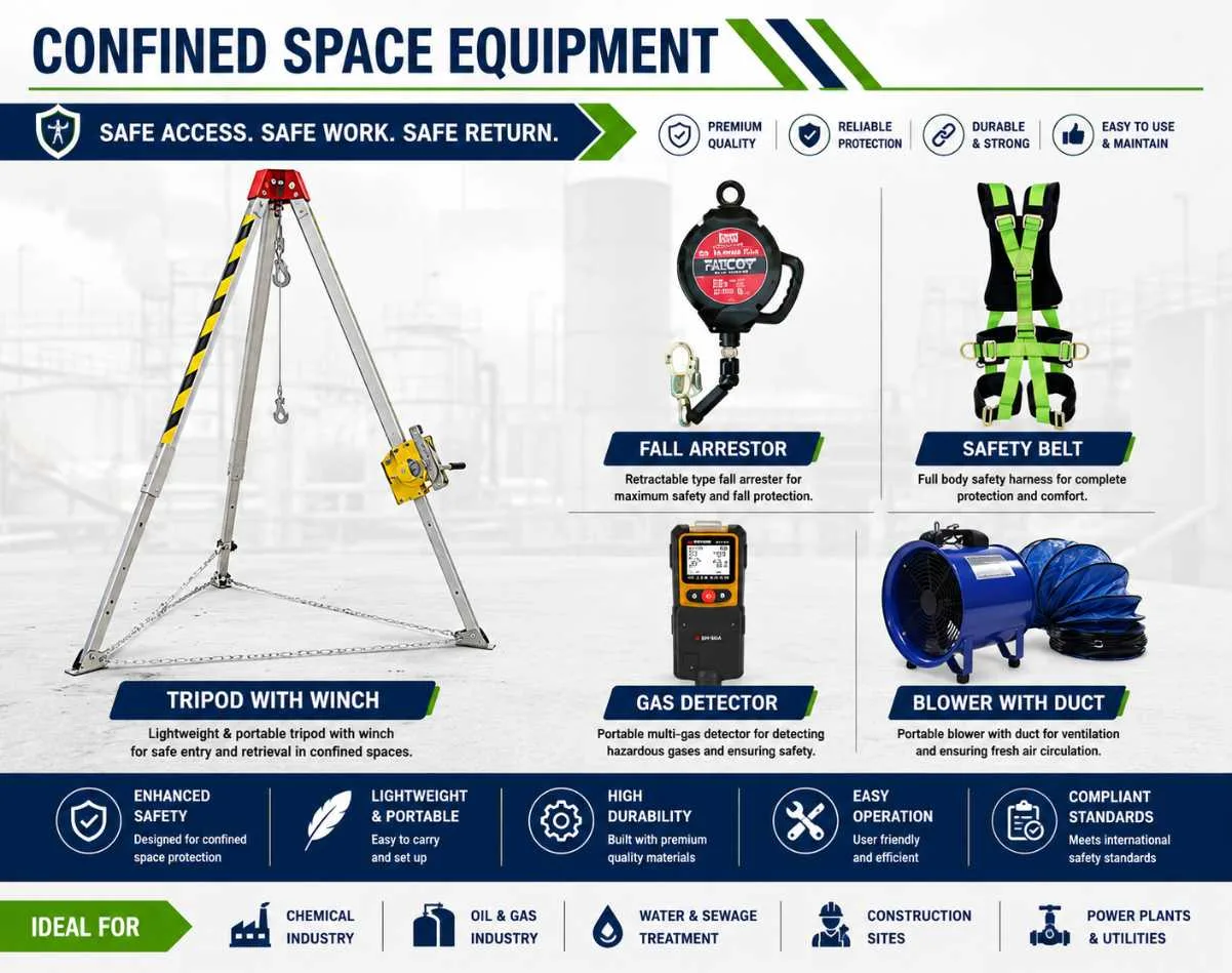 Industrial Safety Equipment Supplier India, Industrial confined space safety equipment banner featuring tripod with winch, fall arrestor, safety harness belt, gas detector, and blower with duct for confined space entry and rescue operations.
