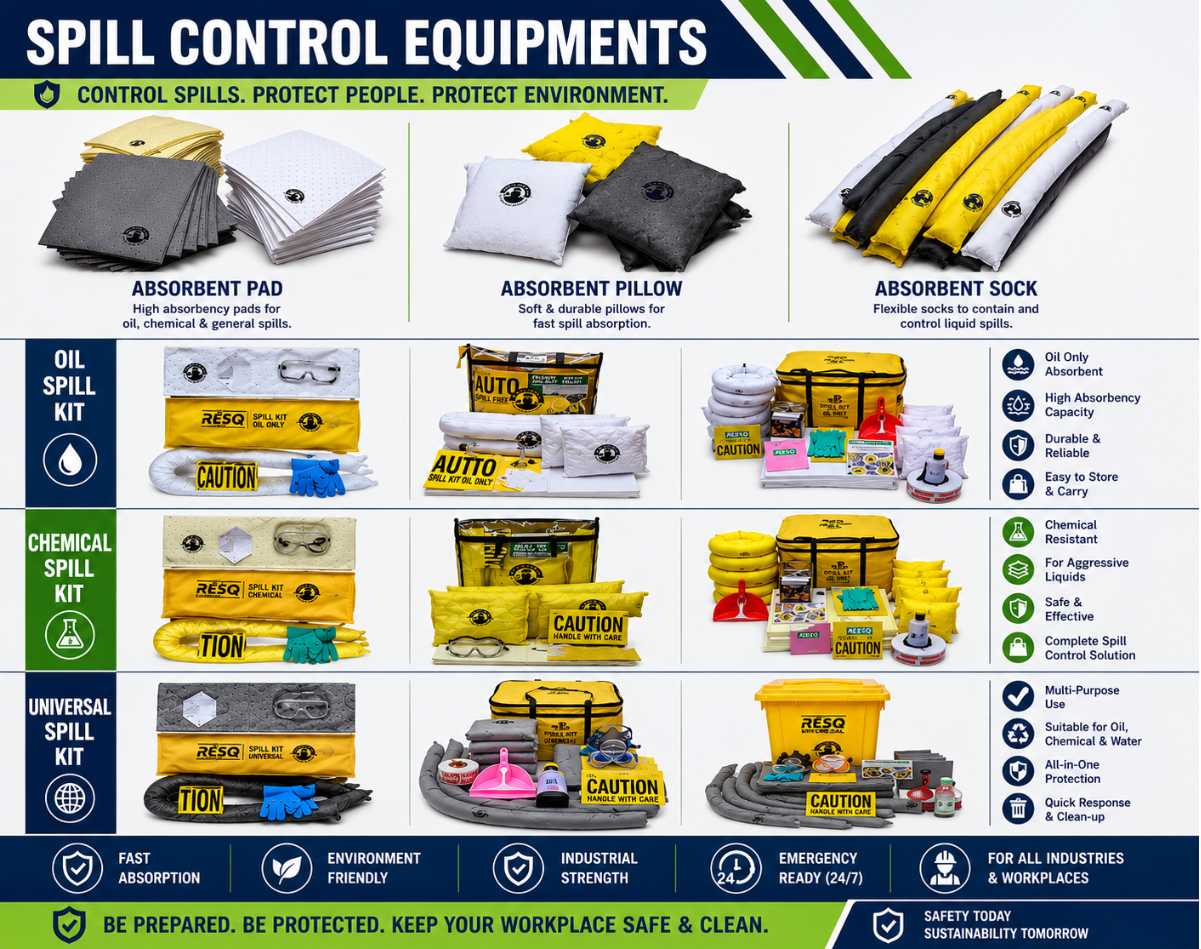 Industrial spill control equipment banner featuring absorbent pads, absorbent pillows, absorbent socks, oil spill kits, chemical spill kits, and universal spill response kits for industrial liquid spill management and workplace safety.