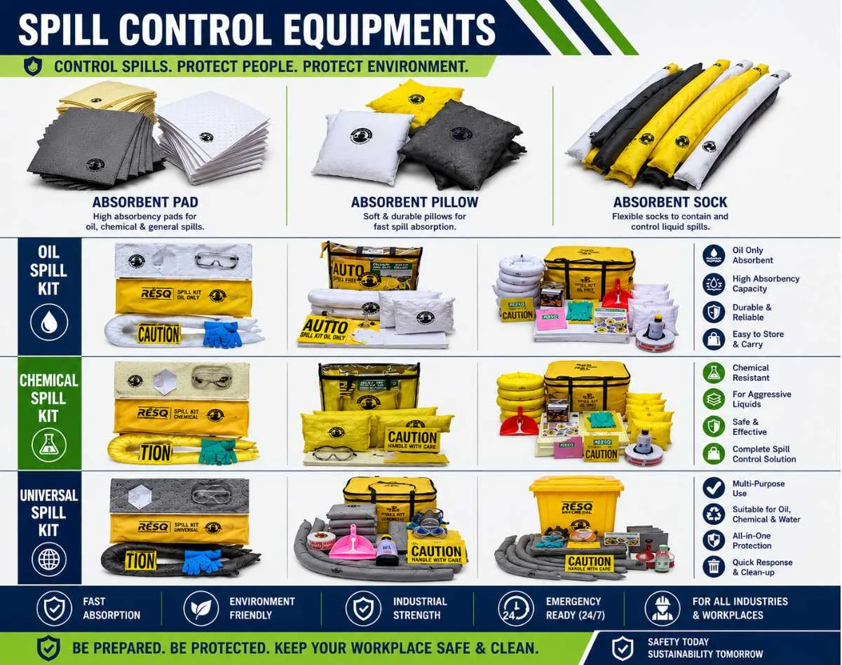 Fire Safety Products & PPE Equipment India, Industrial spill control equipment banner featuring absorbent pads, absorbent pillows, absorbent socks, oil spill kits, chemical spill kits, and universal spill response kits for industrial liquid spill management and workplace safety.