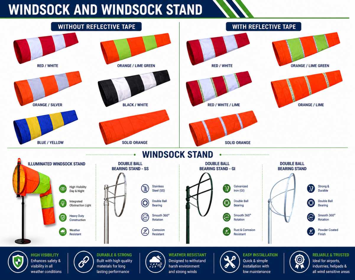 Industrial windsock and windsock stand banner featuring reflective and non-reflective windsocks, illuminated windsock stand, stainless steel double ball bearing stand, GI windsock stand, and aviation wind direction indicators.