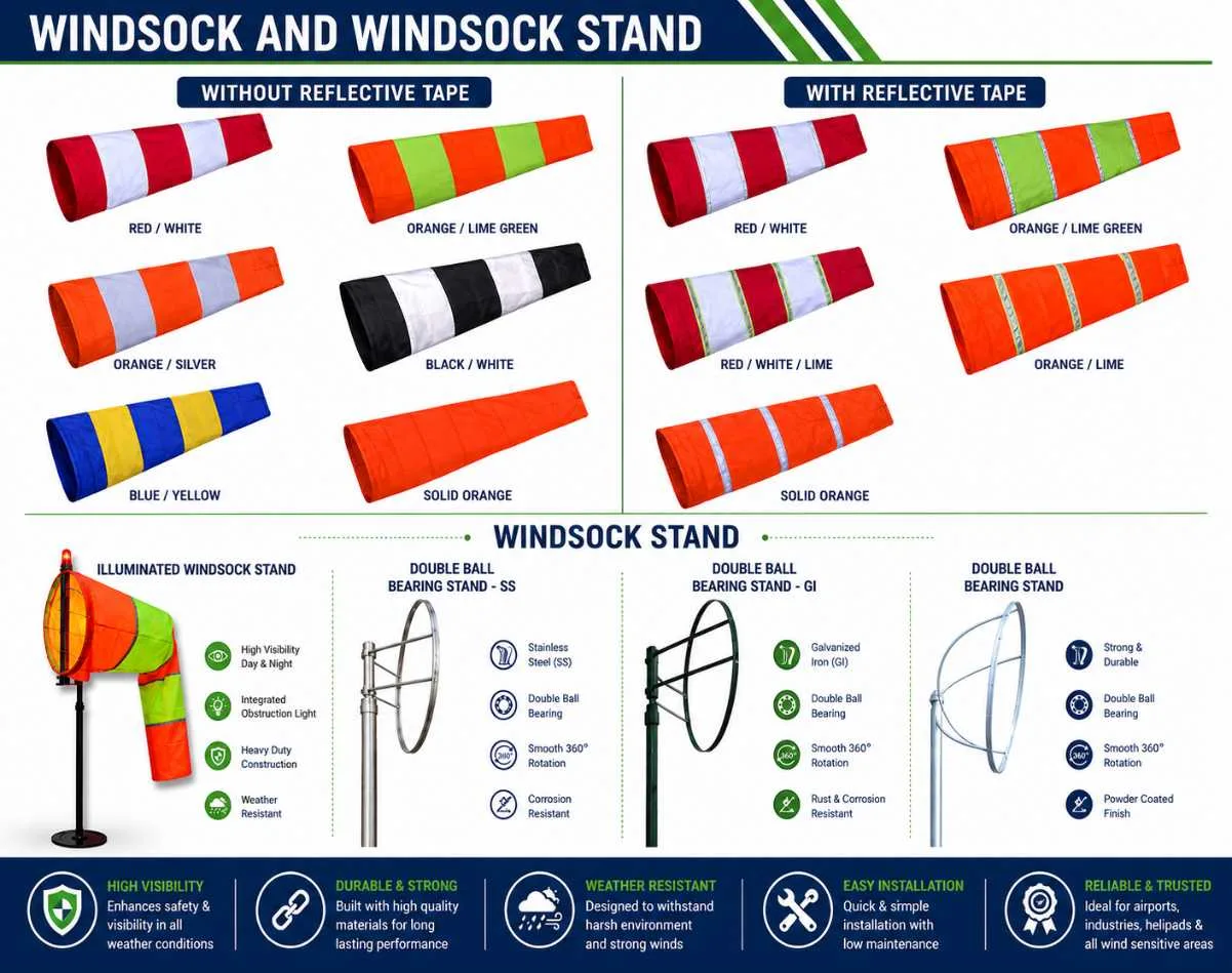Personal Protective Equipment Safety Shop, Industrial windsock and windsock stand banner featuring reflective and non-reflective windsocks, illuminated windsock stand, stainless steel double ball bearing stand, GI windsock stand, and aviation wind direction indicators.