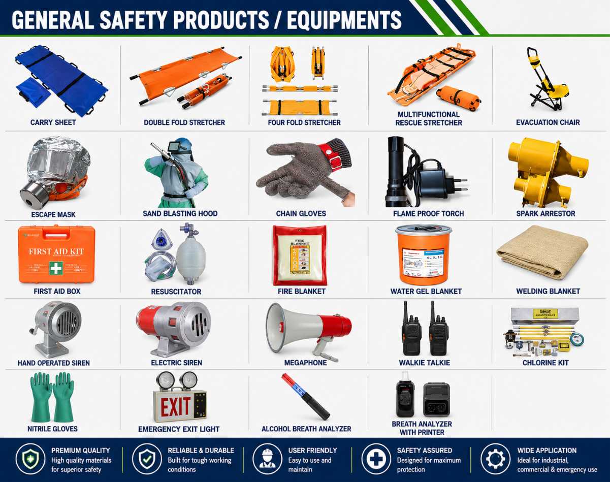 Industrial general safety products banner featuring rescue stretcher, evacuation chair, escape mask, sand blasting hood, chain gloves, flame proof torch, spark arrestor, first aid box, fire blanket, safety siren, megaphone, walkie talkie, chlorine kit, nitrile gloves, emergency exit light, and alcohol breath analyzer equipment.