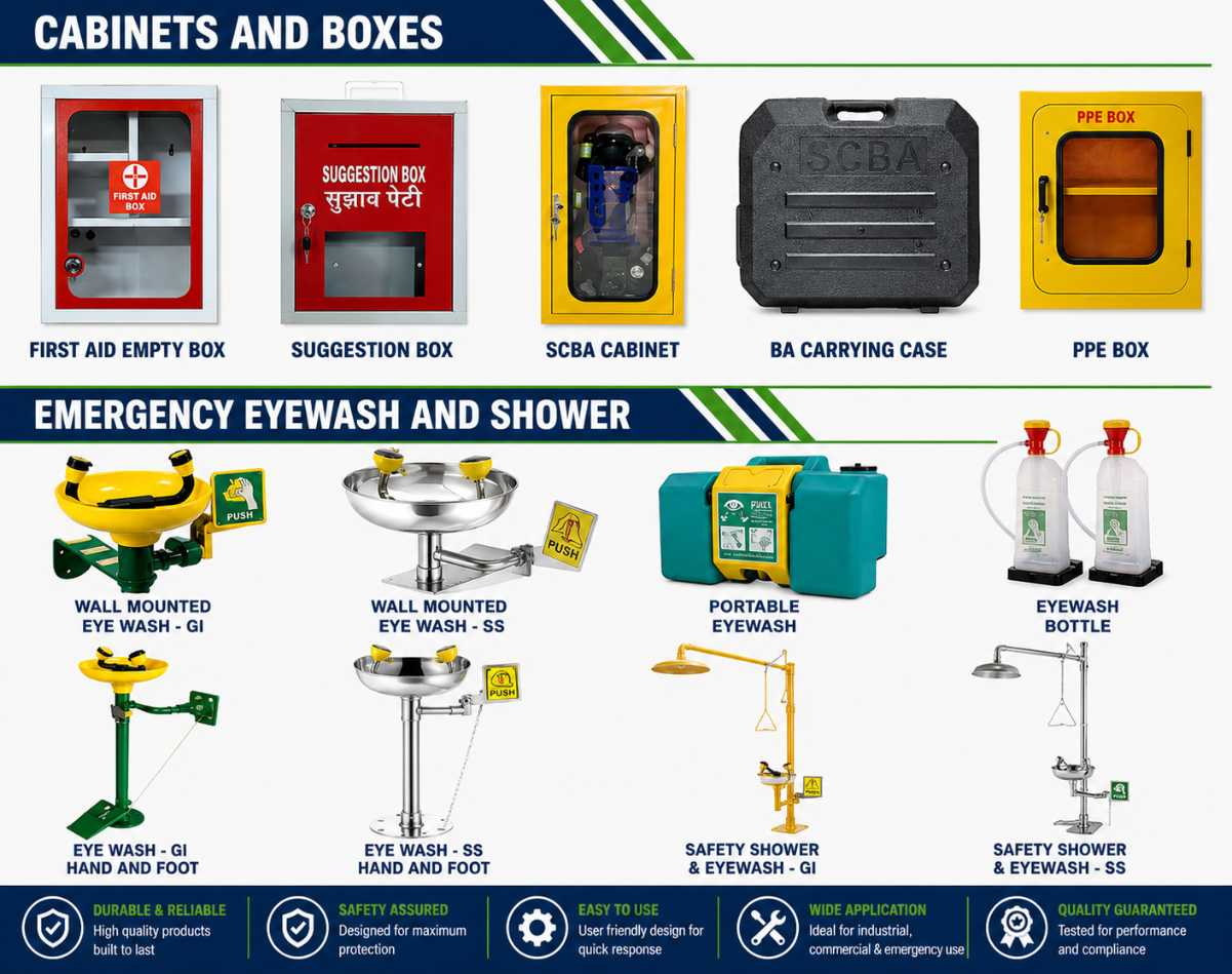 Industrial safety equipment banner featuring first aid empty box, suggestion box, SCBA cabinet, BA carrying case, PPE box, wall mounted eyewash stations, portable eyewash units, emergency eyewash bottles, and safety shower systems.