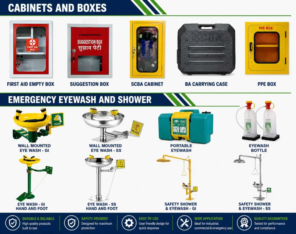 Industrial PPE and Fire Protection Equipment, Industrial safety equipment banner featuring first aid empty box, suggestion box, SCBA cabinet, BA carrying case, PPE box, wall mounted eyewash stations, portable eyewash units, emergency eyewash bottles, and safety shower systems.