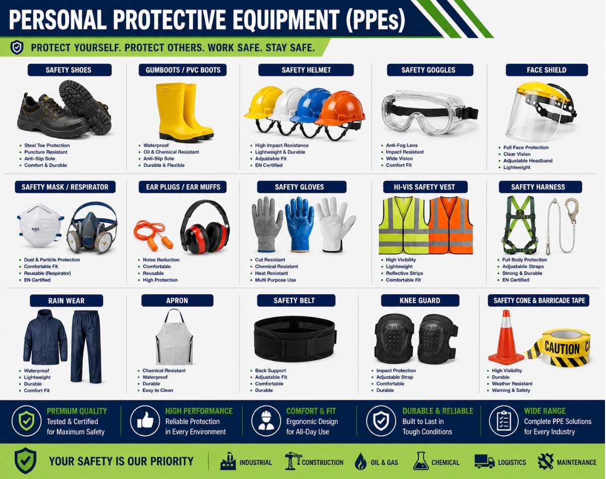 Industrial personal protective equipment banner featuring safety shoes, gumboots, safety helmets, safety goggles, face shields, respirator masks, ear plugs, safety gloves, reflective safety jackets, safety harnesses, rainwear, aprons, knee guards, and industrial PPE safety products.