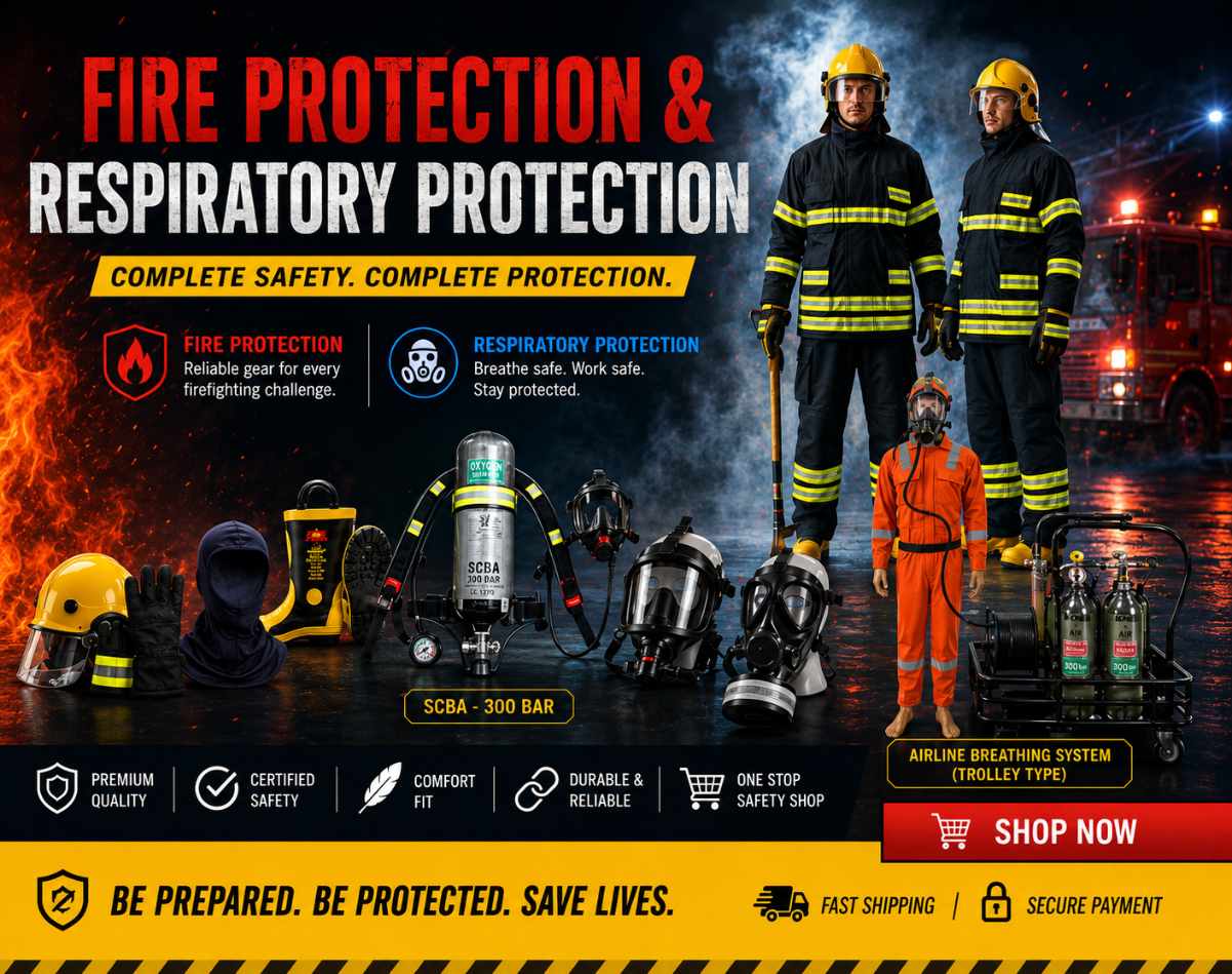Professional fire protection and respiratory protection equipment banner featuring firefighter turnout gear suit, fireman helmet, fireman gloves, balaclava, fireman gumboots, SCBA 300 bar breathing apparatus, airline breathing assembly, full face gas mask, half face respirator mask, and airline breathing system trolley type for industrial firefighting and emergency rescue safety.