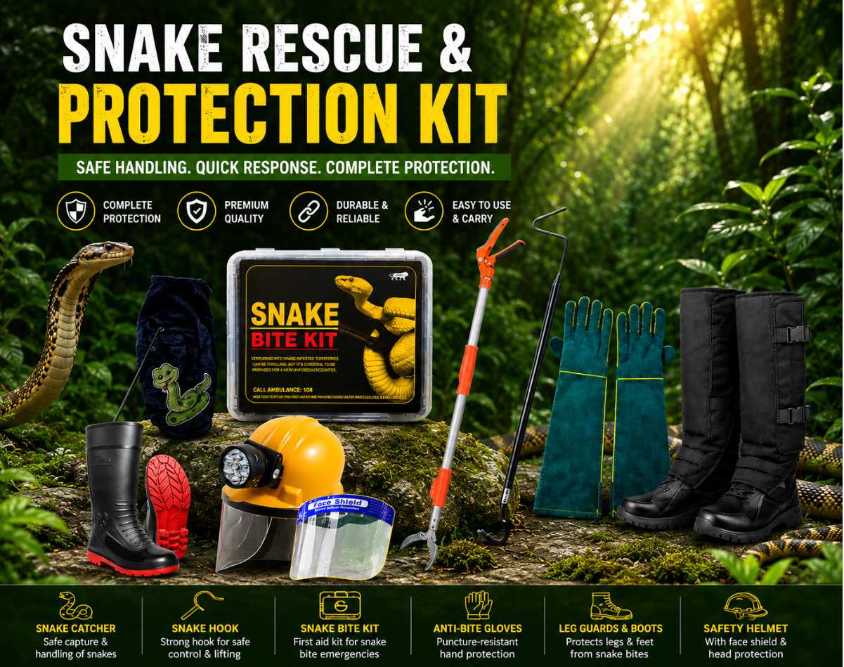 Professional Snake Rescue and Protection Kit displayed in a green forest background with snakes and rescue safety equipment including snake catcher, snake hook, snake bite kit, anti-bite gloves, safety helmet with face shield, protective boots, and leg guards for wildlife rescue and snake handling safety.
