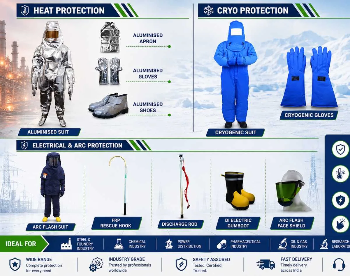 Personal Protective Equipment PPE Shop India, Industrial safety equipment banner featuring aluminised heat protection suit, cryogenic suit, cryogenic gloves, arc flash suit, FRP rescue hook, discharge rod, dielectric gumboots, and arc flash face shield for industrial workplace protection.