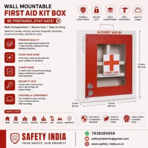 Wall mountable emergency first aid kit box made from GI metal with acrylic door, multi compartment shelves, secure lock and handle for home, office, school and industrial medical storage.
